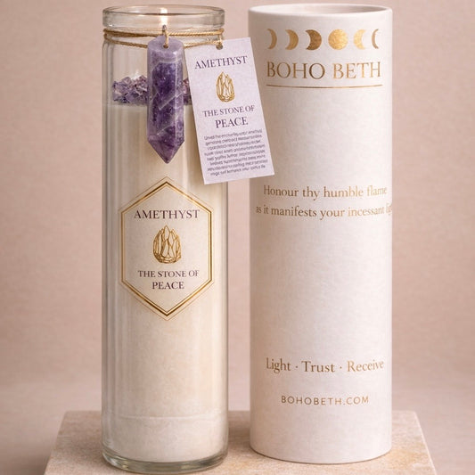 Boho Beth Amethyst Crystal Peace Manifestation Spell Candle and Candle Box