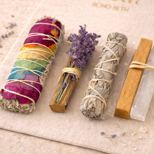 Boho Beth chakra cleansing kit with chakra energy sage stick, lavender bundle, slim sage smudge stick, palo santo and selenite crystals for spiritual energy cleansing