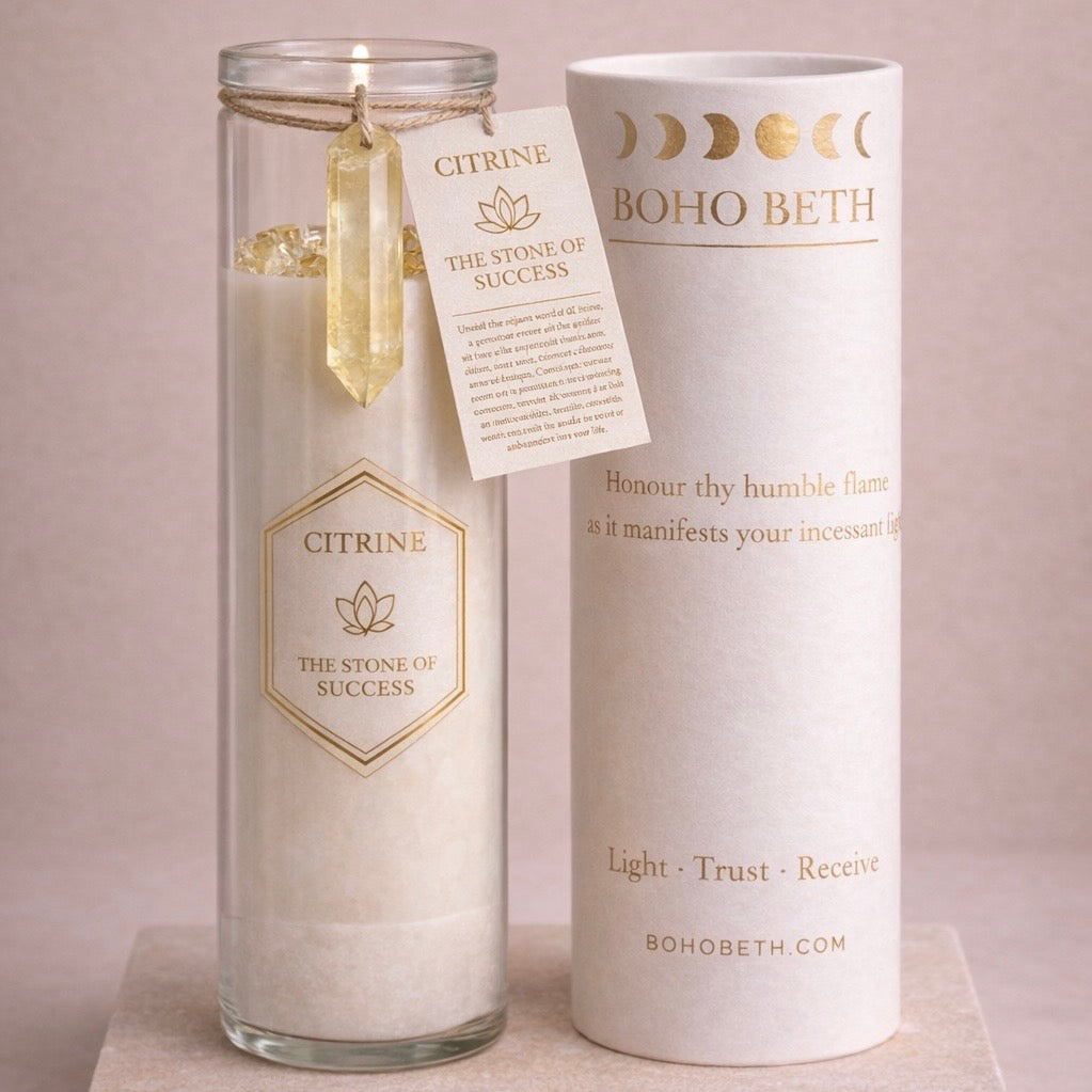 Citrine Crystal Spell Candle with Citrine Charm and Boho Beth Candle Box