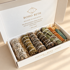  Boho Beth Folk Magic smudge kit with Mugwort, Rue, ritual herb bundles and Moss Agate crystal tower in a luxury gift box.
