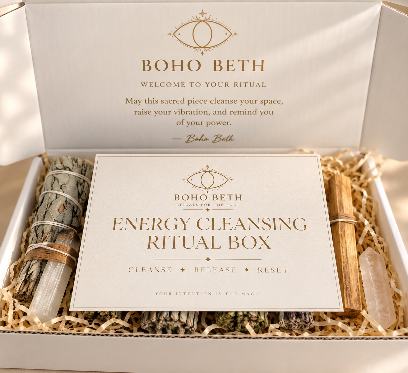 Boho Beth Energy Cleansing Ritual Box presented with cream and gold ritual instruction card