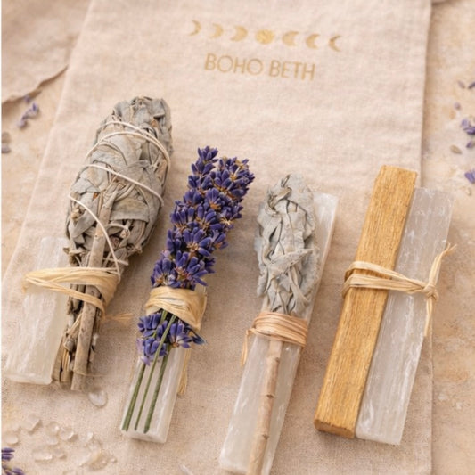 Boho Beth smudge cleansing bundle with sage, palo santo, lavender and selenite crystals for protecting and cleansing home energy