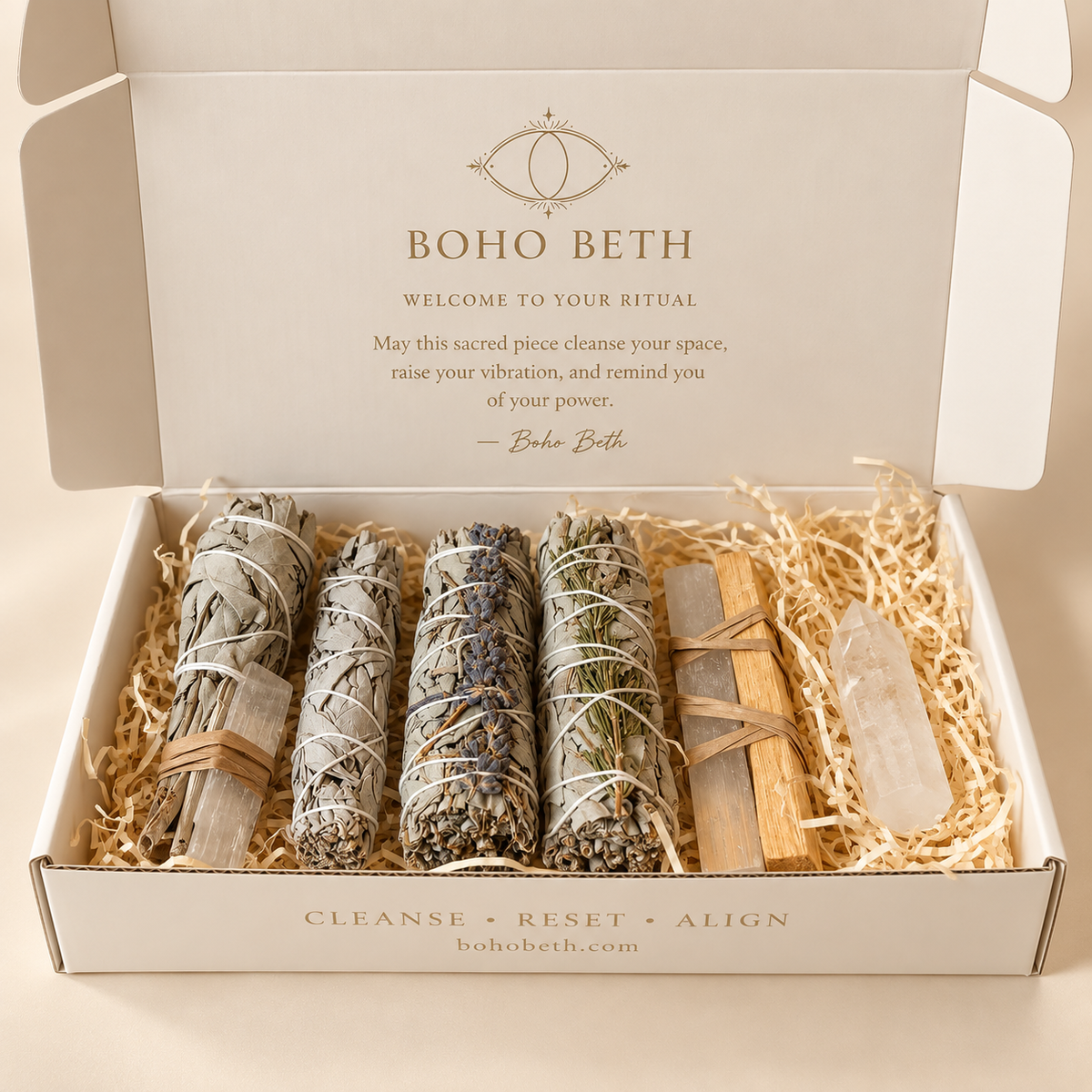 Boho Beth sage cleansing ritual box with white sage bundles, selenite, Palo Santo and clear quartz tower