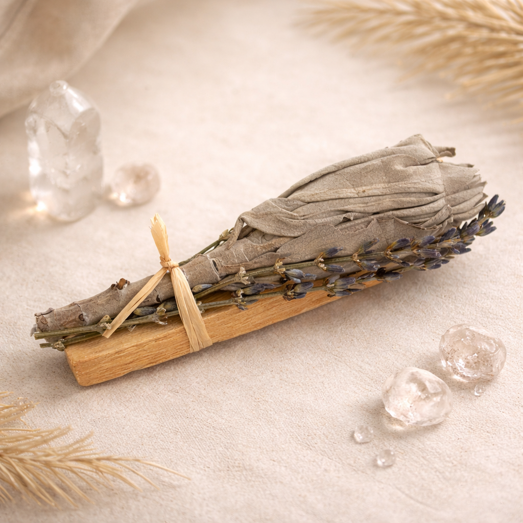 Boho Beth Calm & Cleanse Smudge Trio with white sage palo santo and lavender for energy cleansing and calming spiritual rituals