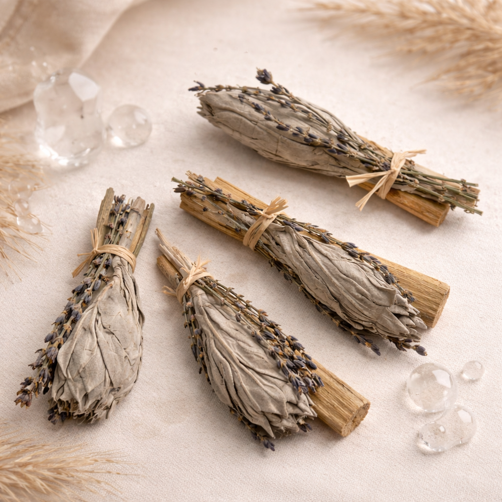Boho Beth smudge trio with sage palo santo and lavender styled with crystals for calm energy cleansing and home ritual decor