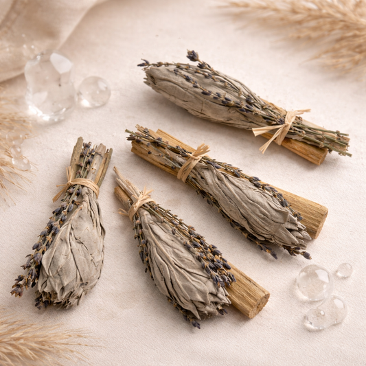 Boho Beth smudge trio with sage palo santo and lavender styled with crystals for calm energy cleansing and home ritual decor