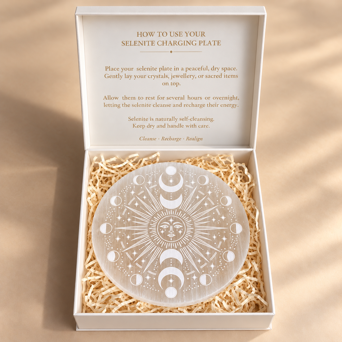 

Charging Plate Gift Box

Selenite charging plate with celestial engraving in a cream gift box with gold usage instructions.