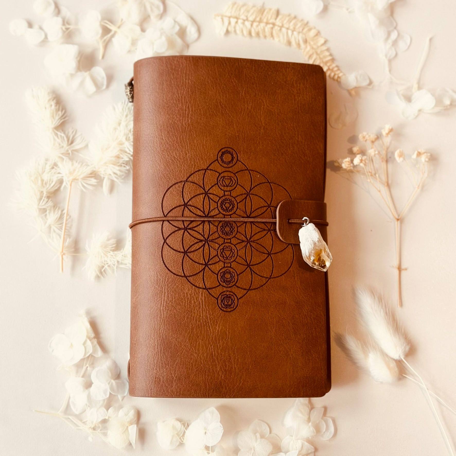 Chakra crystal charm leather manifestation journal
