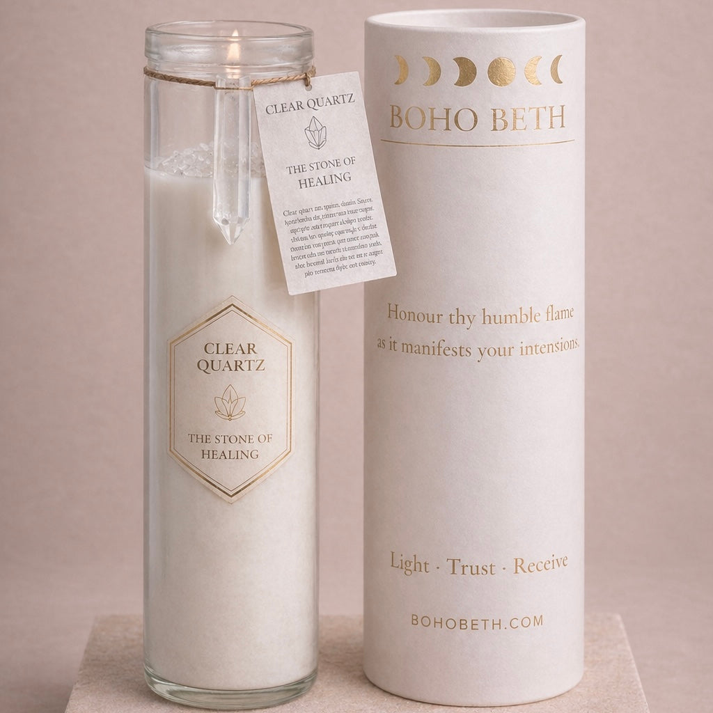 Clear Quartz Crystal Healing Spell Candle with Boho Beth tube packaging 
