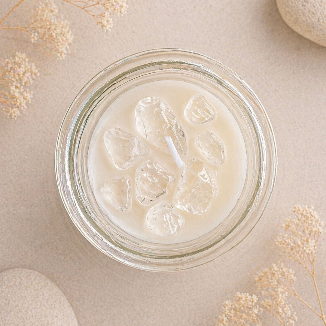 Clear Quartz Healing Spell Candle with Crystal Chips on top of jar 