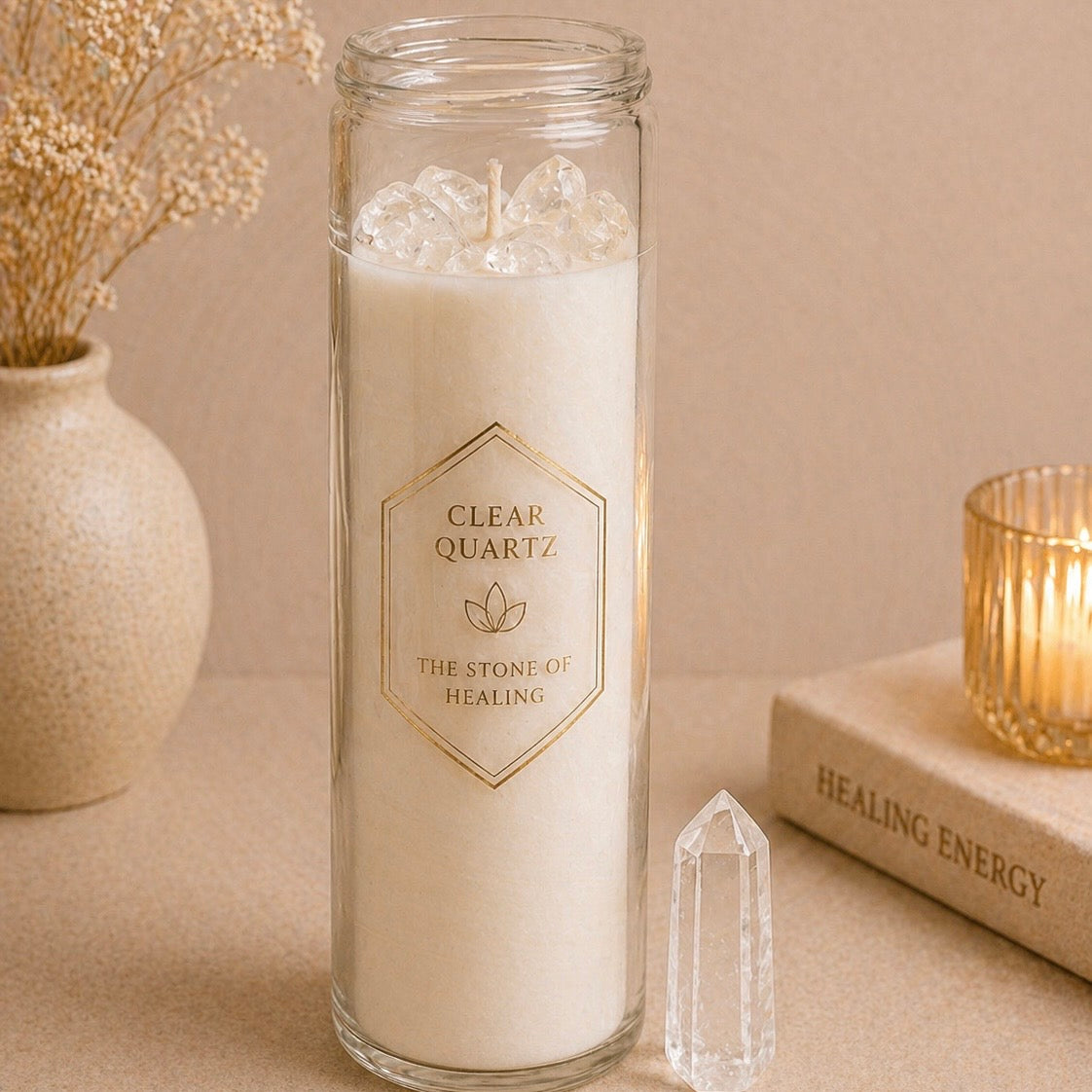 Clear Quartz Healing Spell Candle with Clear Quartz Crystal Point 