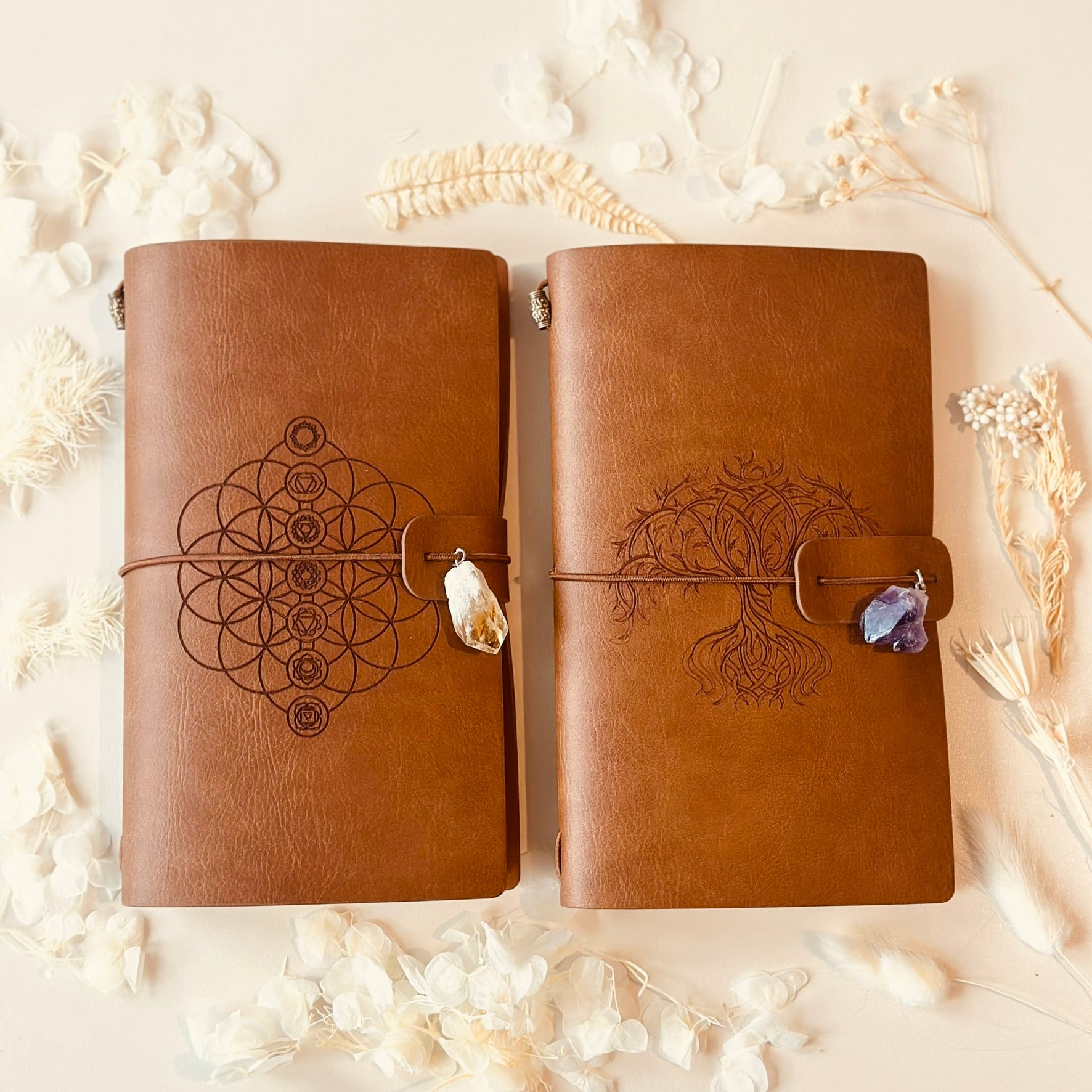 Chakra and Tree of Life Crystal Charm Manifestation Leather Journals