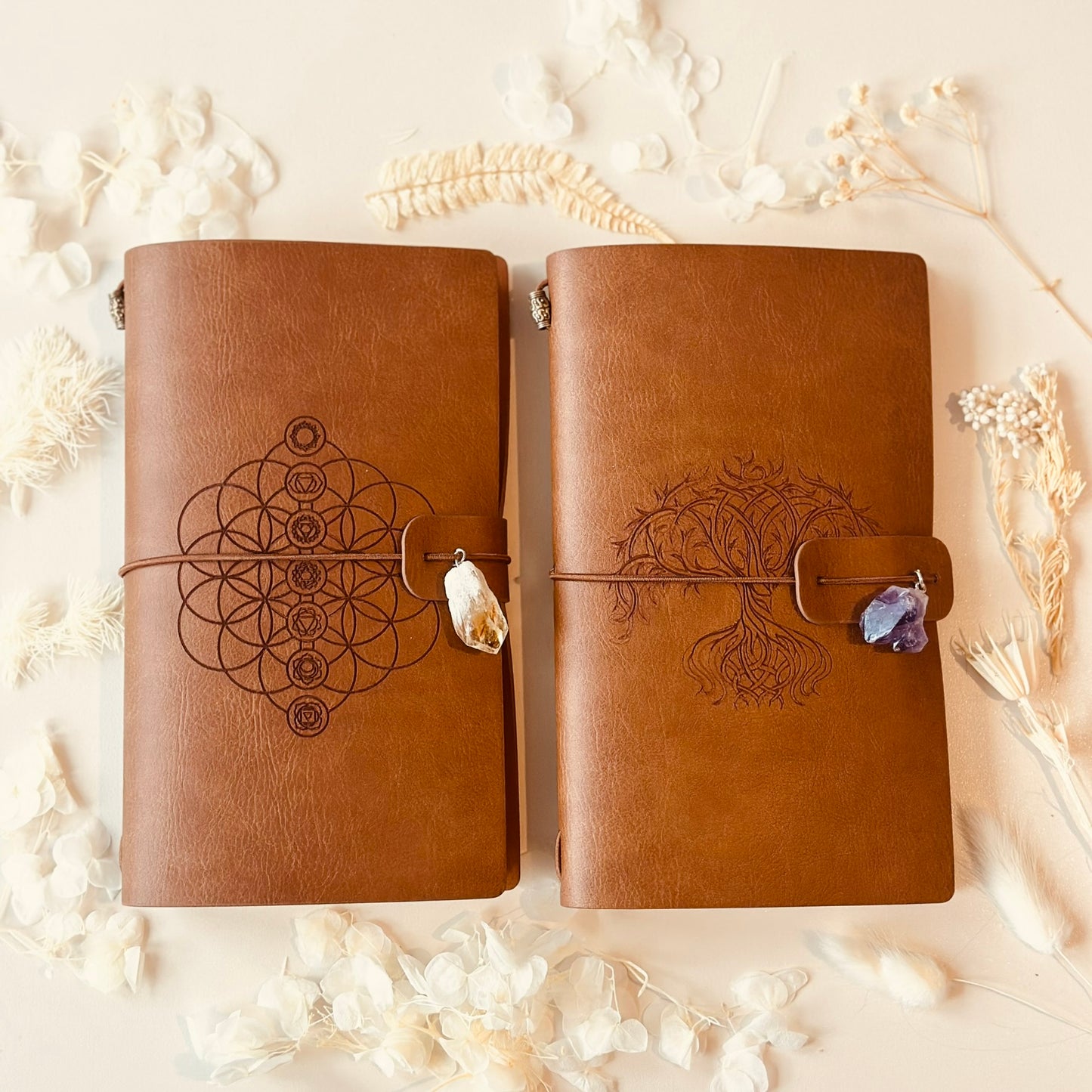 Chakra and Tree of Life Crystal Charm Leather Manifestation Journals
