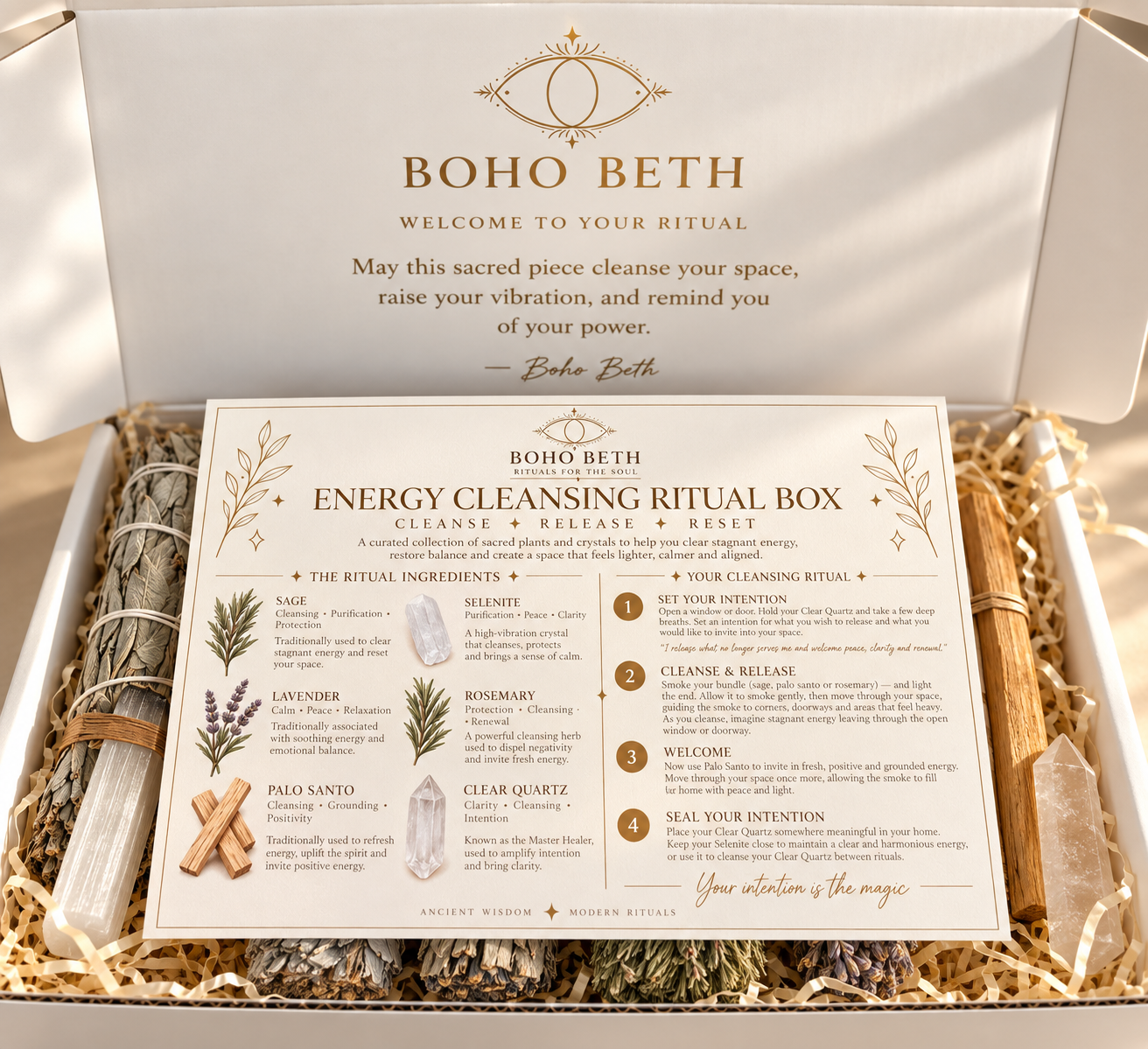 Energy cleansing ritual box with illustrated guide to sage, selenite, lavender, rosemary, Palo Santo and clear quartz
