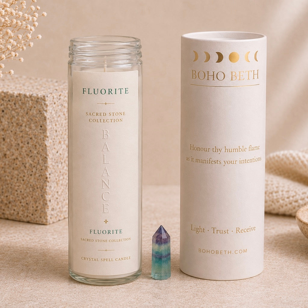 A glass jar candle labeled FLUORITE from the BOHO BETH Sacred Stone Collection stands next to its white cylindrical packaging box and a small amethyst crystal point on a neutral beige background.