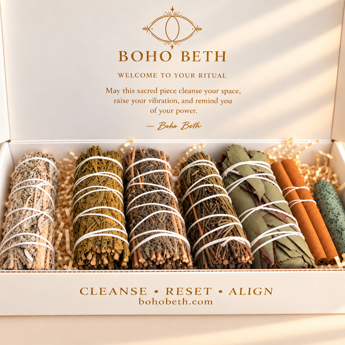 Boho Beth Folk Magic smudge kit with six ritual herbs and Moss Agate crystal for cleansing, protection and intention rituals.