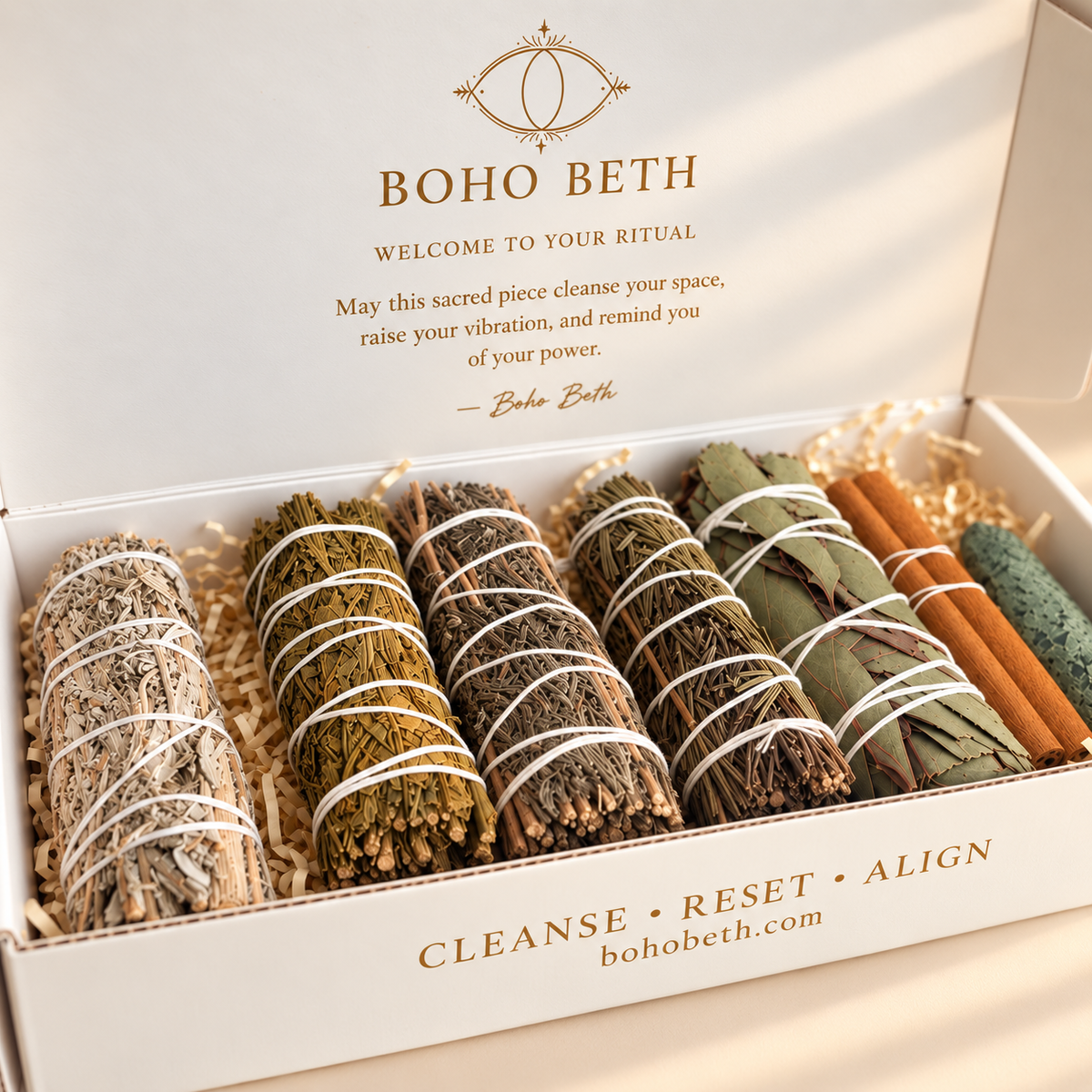 Folk magic herb kit with Mugwort, Rue, smoke cleansing herbs and Moss Agate crystal tower in Boho Beth ritual packaging.