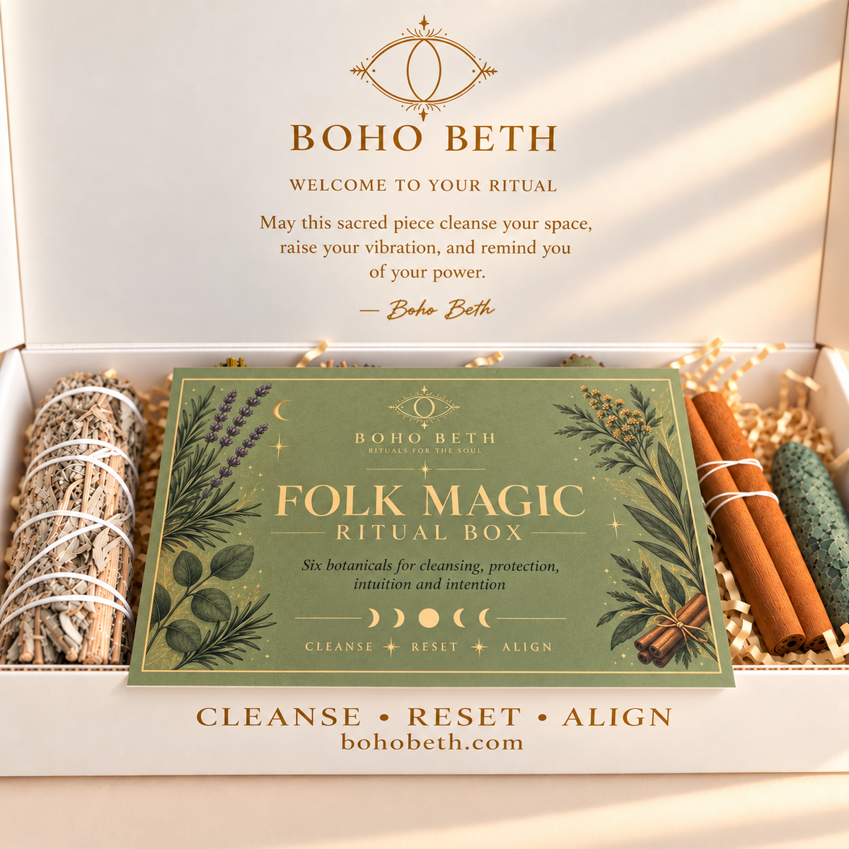 Boho Beth Folk Magic smudge kit with six ritual herbs and Moss Agate crystal for cleansing, protection and intention rituals.
