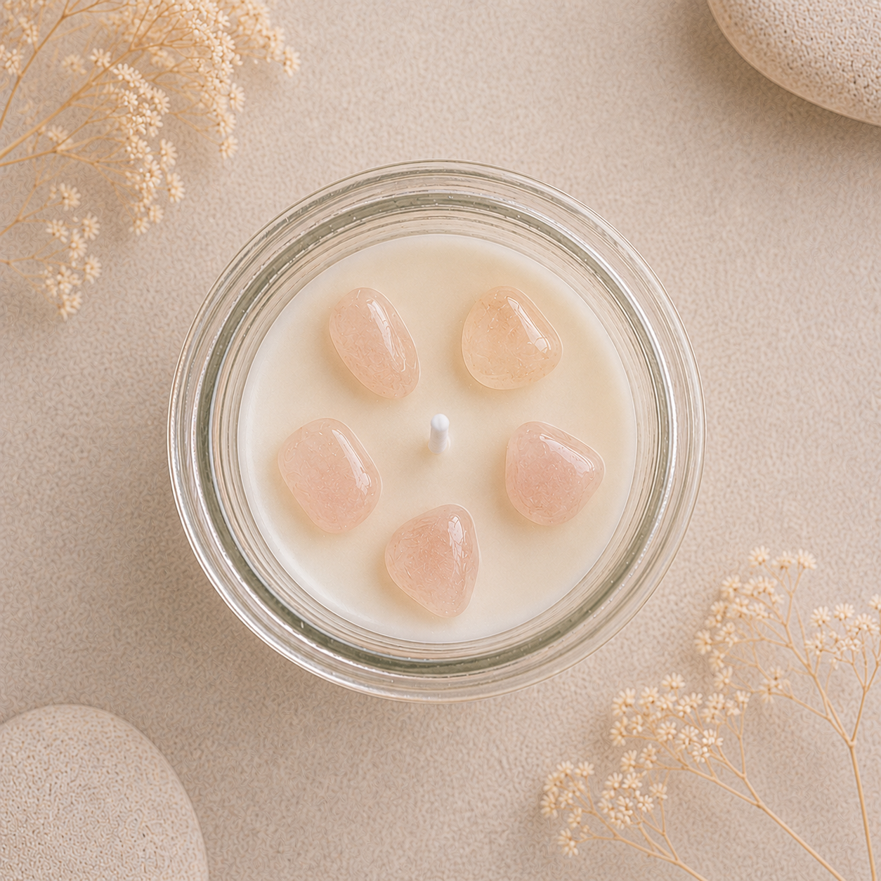 A top-down view of a glass jar candle filled with creamy off-white wax and five smooth peach-pink stone pucks, styled on a neutral beige surface with dried flowers and stones.