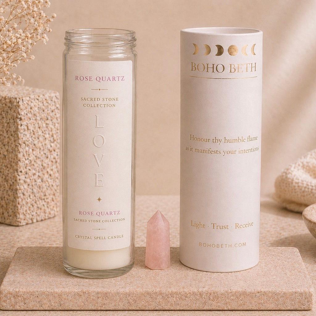 A glass jar candle labeled ROSE QUARTZ and LOVE stands beside its white cylindrical box with gold text and moon-phase graphics. A small pink crystal sits between them on a beige stone surface against a soft neutral background.