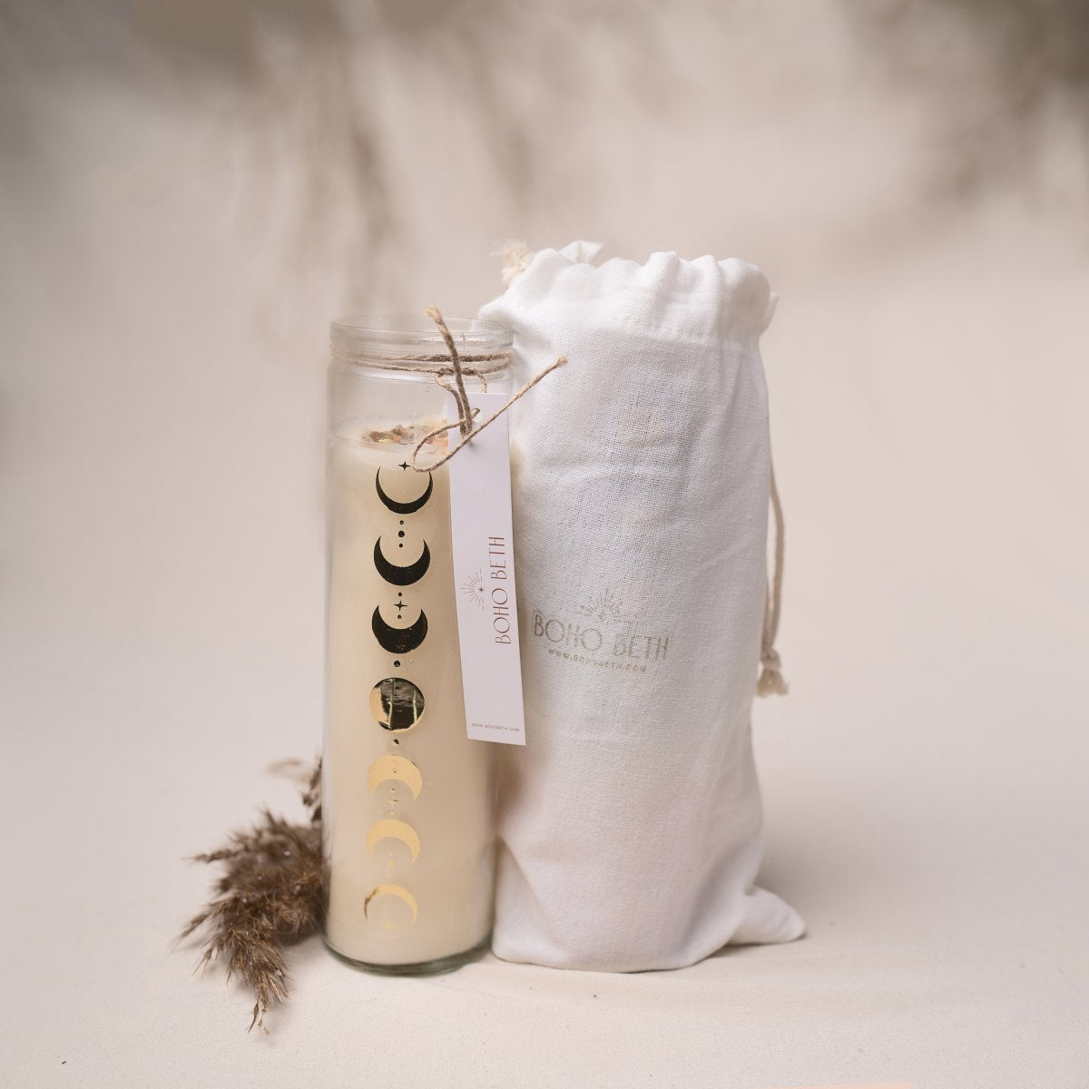 Moon Phase Crystal Candle with Drawstring Bag | Boho Beth