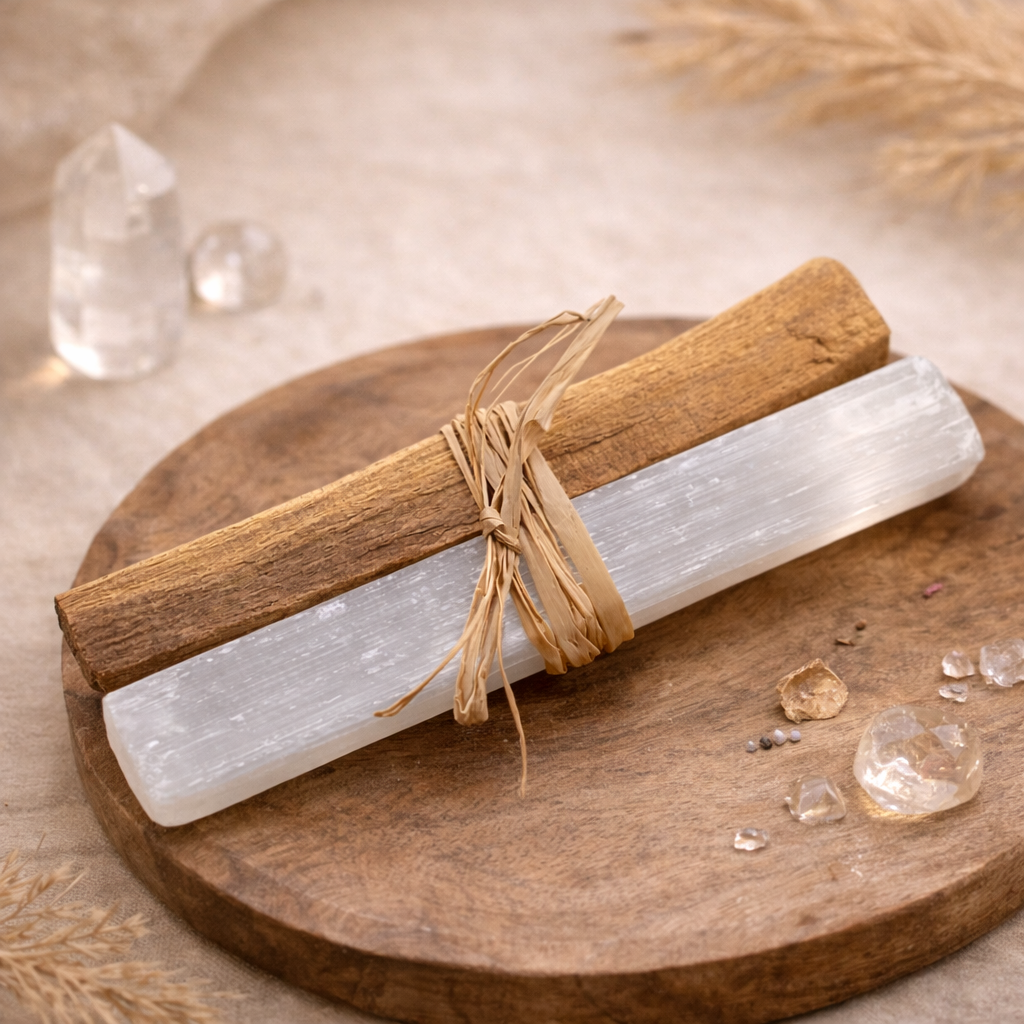 Boho Beth - Two crystal sticks tied with twine on a wooden board with crystals around