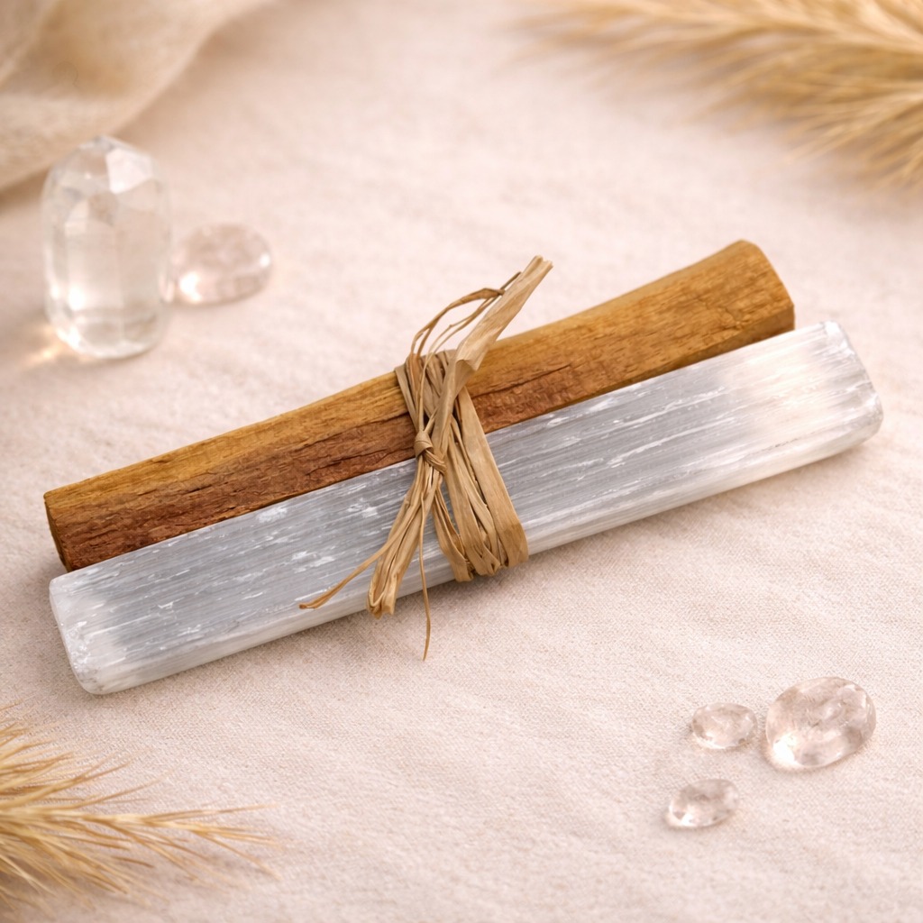 Boho Beth Selenite crystal and wooden sticks tied with twine on a soft surface with crystals around