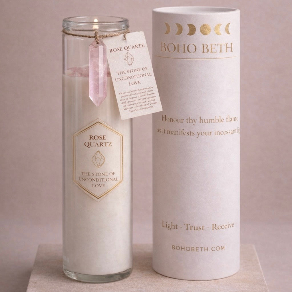 Boho Beth Rose Quartz Crystal Love Spell Manifestation Candle and Box