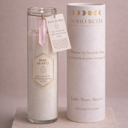 Boho Beth Rose Quartz Crystal Love Spell Manifestation Candle and Box