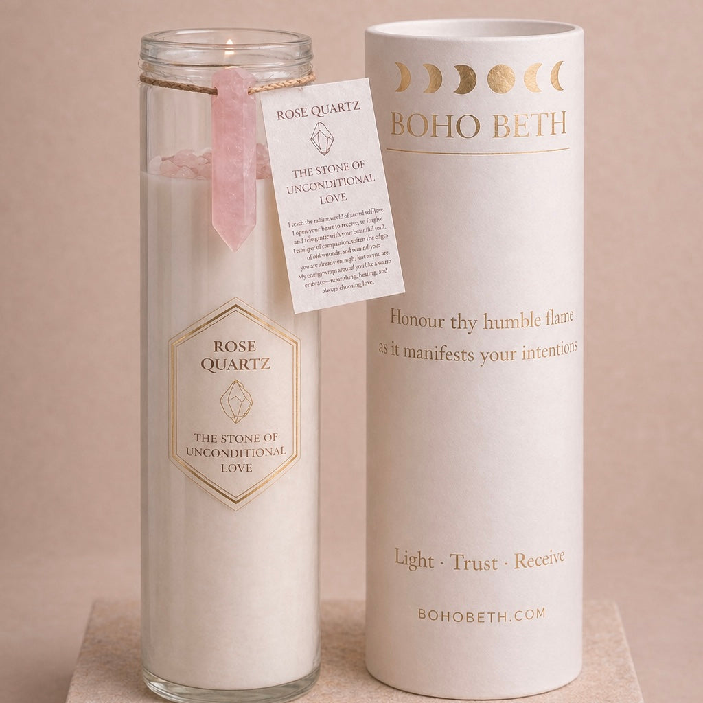 Rose Quartz crystal candle with packaging and label on a beige background