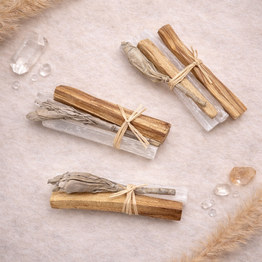 Set of smudge sticks with Palo Santo and Selenite on a neutral background