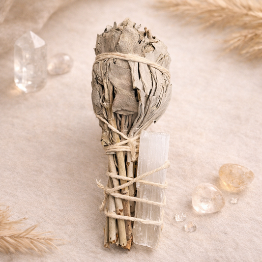 Boho Beth Bundled sage torch with Selenite on a neutral background