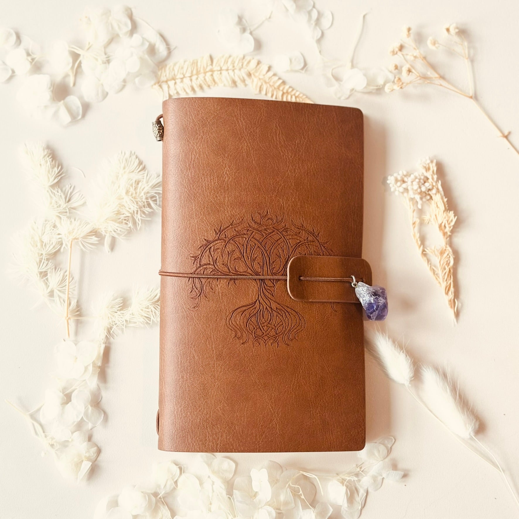 Tree of Life Amethyst Crystal Charm Manifestation Leather Journal