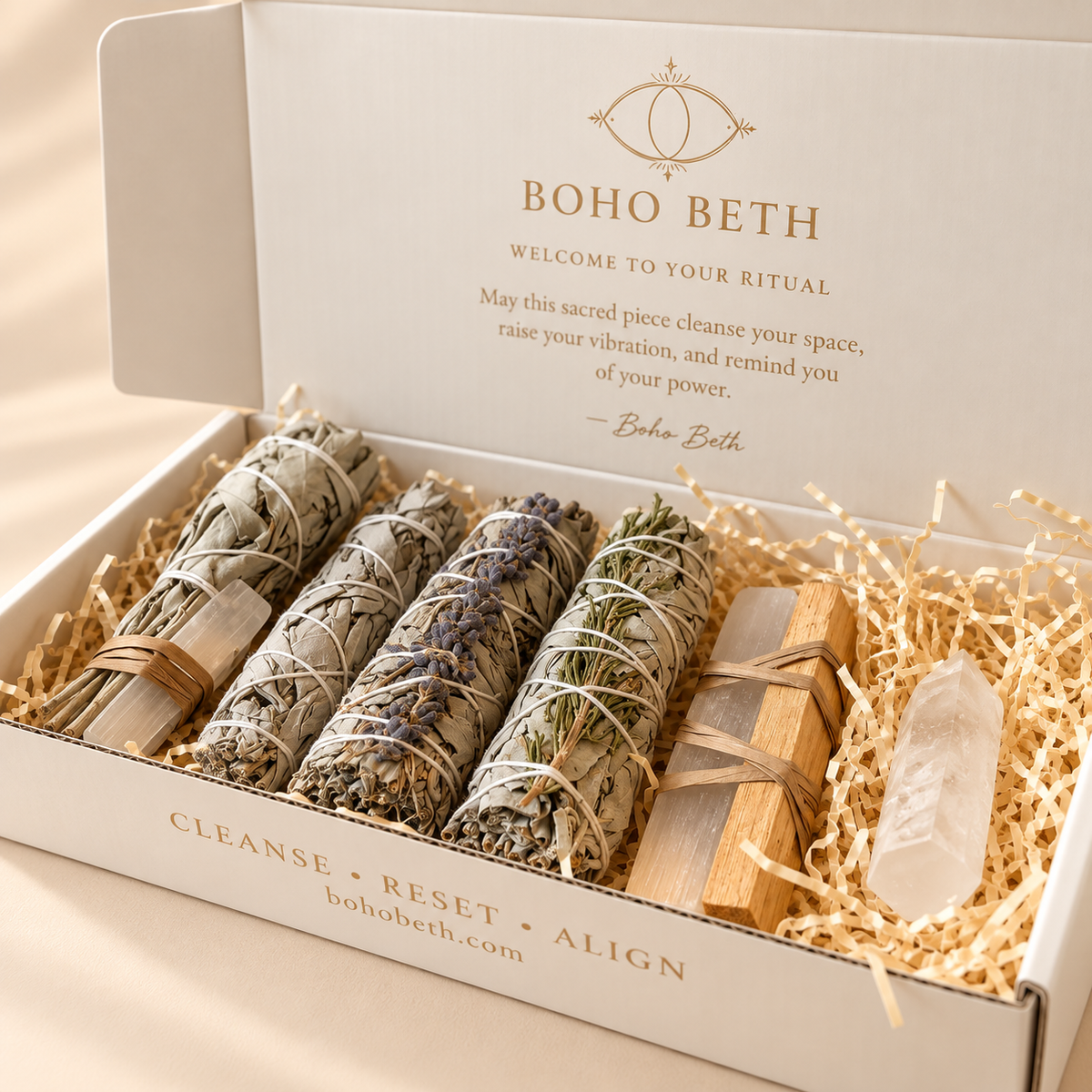 Close-up of Energy Cleansing Ritual Box with botanical sage bundles, Palo Santo and cleansing crystals