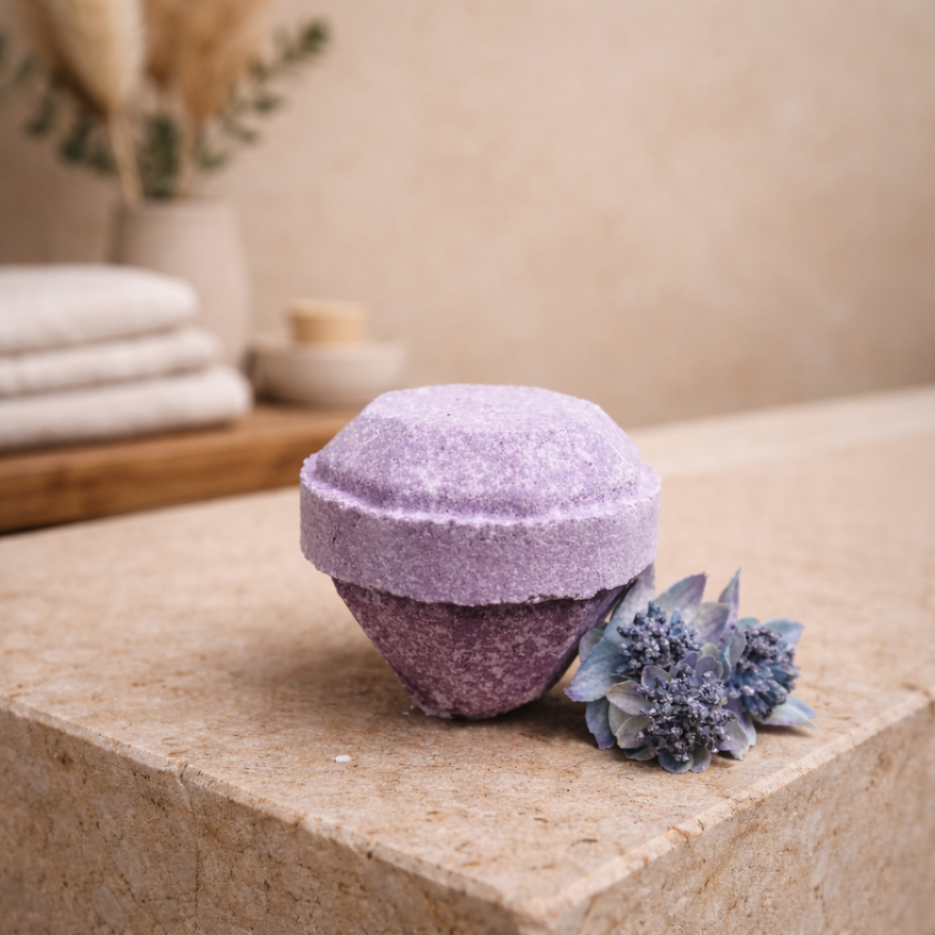 Amethyst Calm diamond shaped bath bomb with hidden gemstone scented with lavender amber and patchouli