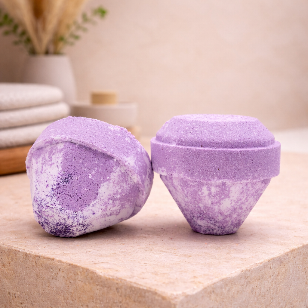 Amethyst Calm diamond shaped bath bombs with hidden gemstones scented with lavender amber and patchouli