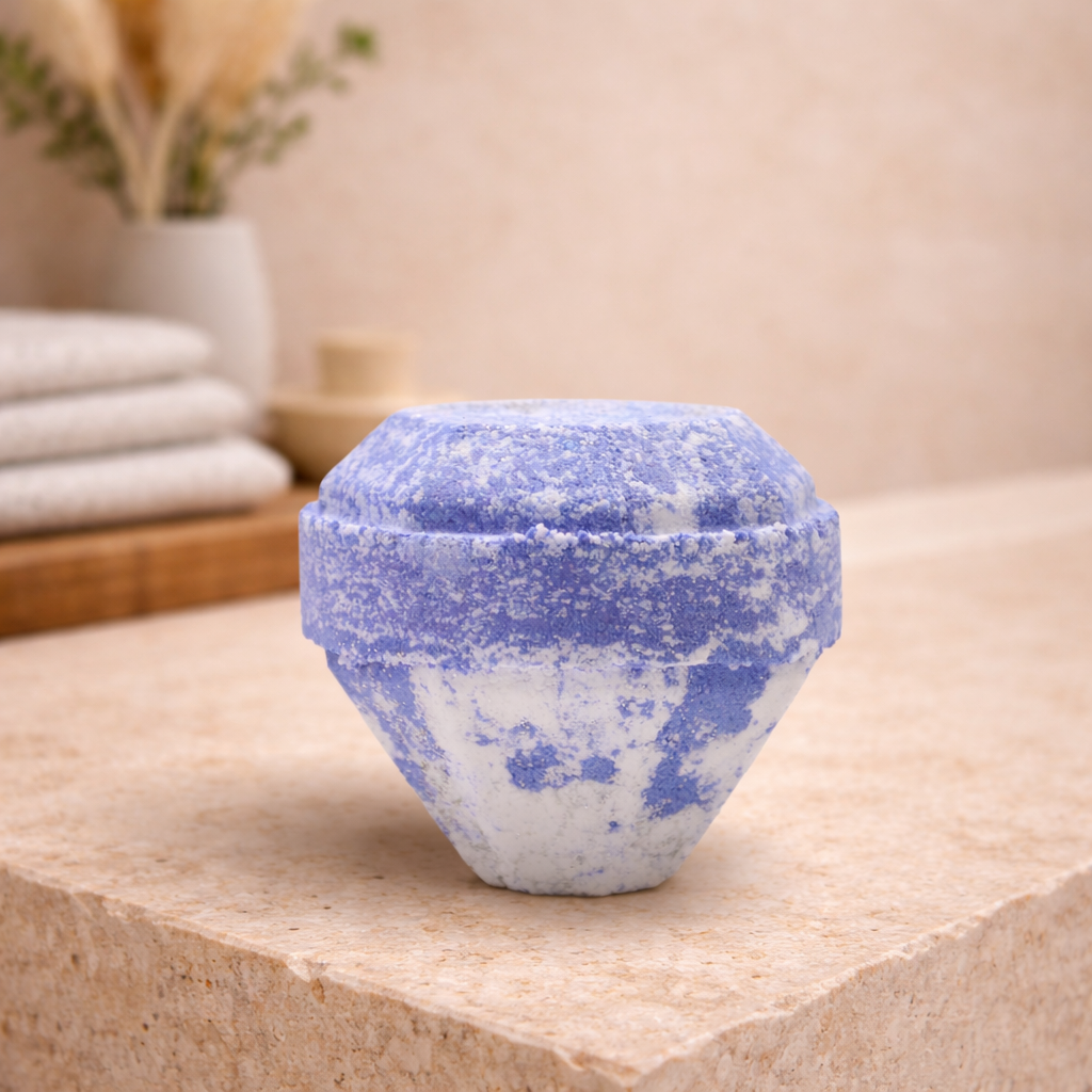 Berry Bliss diamond shaped bath bomb with hidden gemstone scented with raspberry and pomegranate