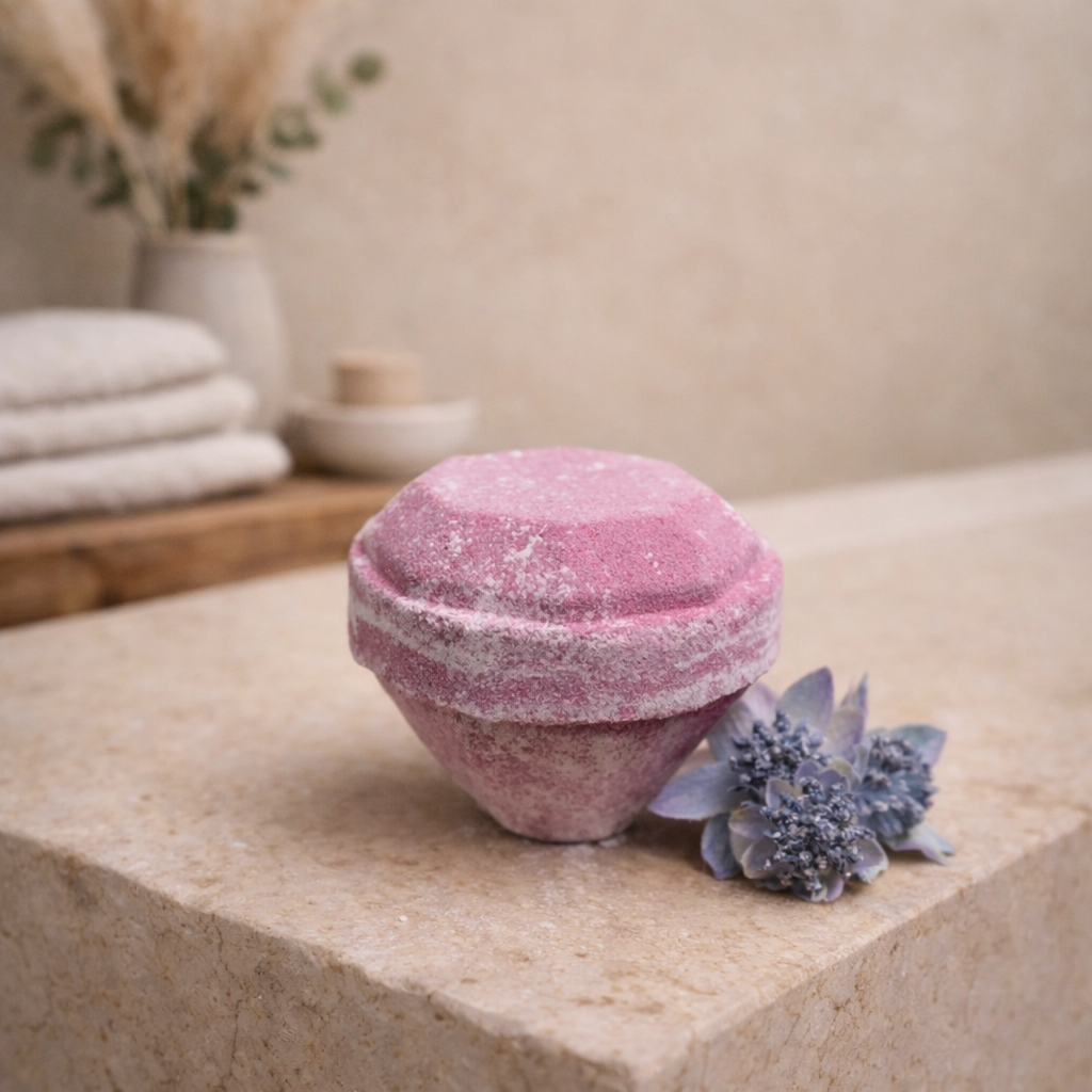 Blush Berry diamond shaped bath bomb with hidden gemstone in a sweet very berry fragrance