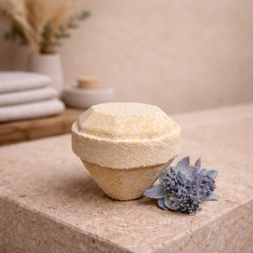Golden Aura diamond shaped bath bomb with hidden gemstone featuring citrus floral and vanilla notes