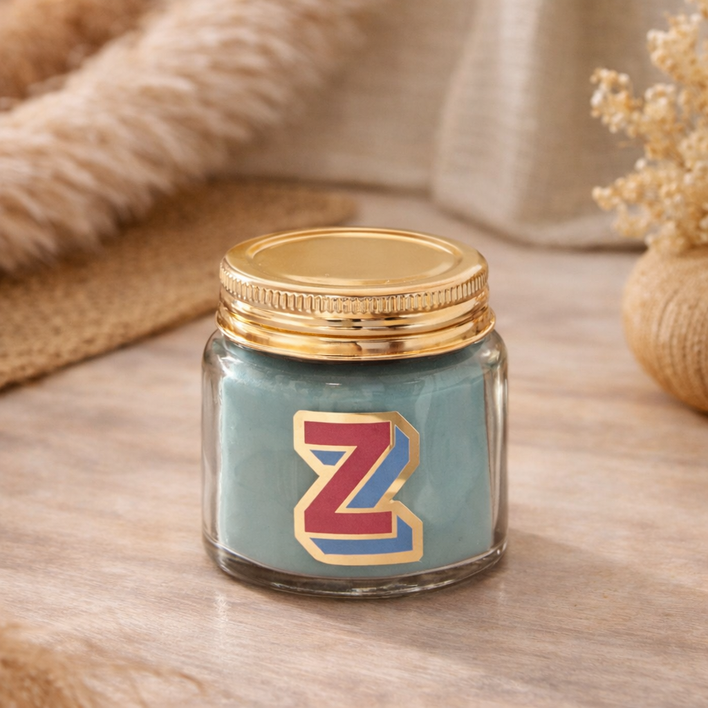 Personalised colour pop letter z candle jar with pastel wax and gold lid on bohemian background