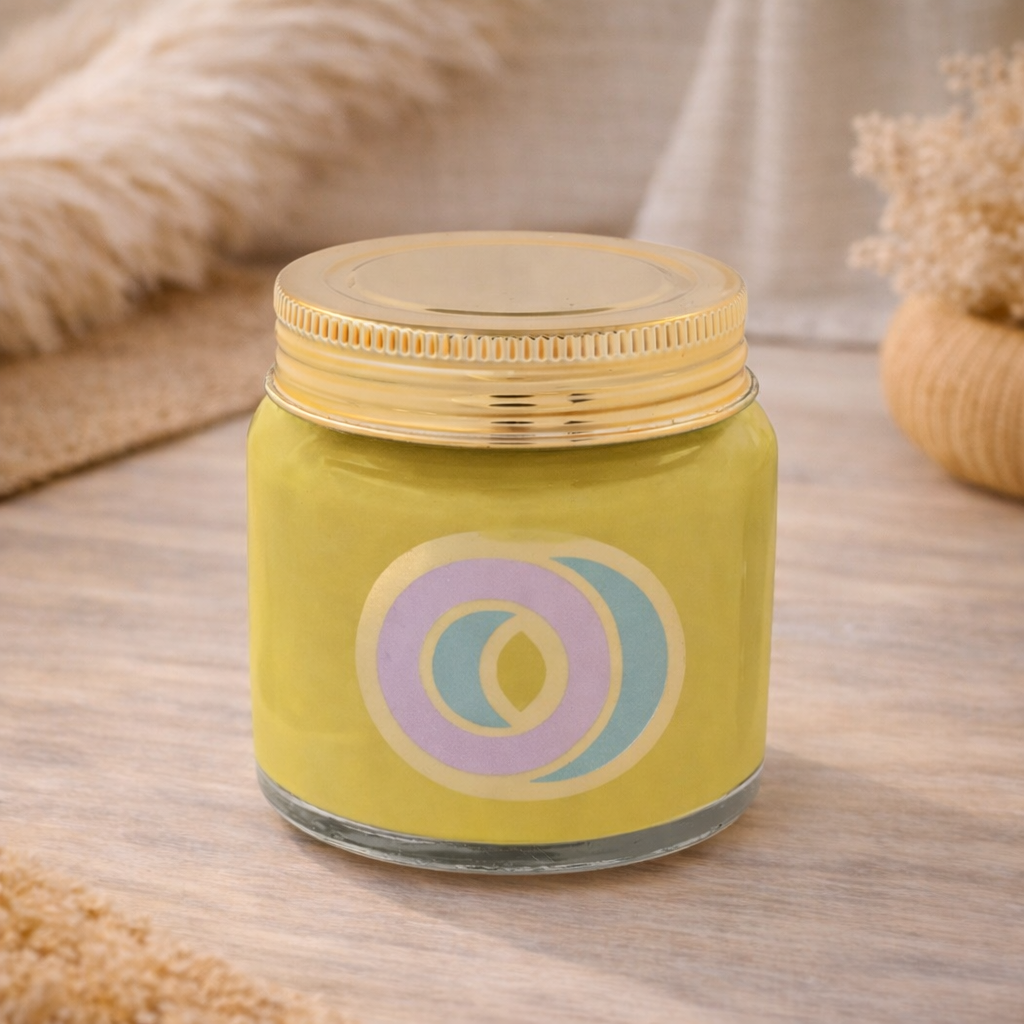 Personalised colour pop letter o candle jar with pastel wax and gold lid on bohemian background
