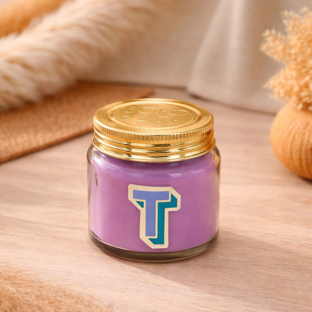 Personalised colour pop letter t candle jar with pastel wax and gold lid on bohemian background