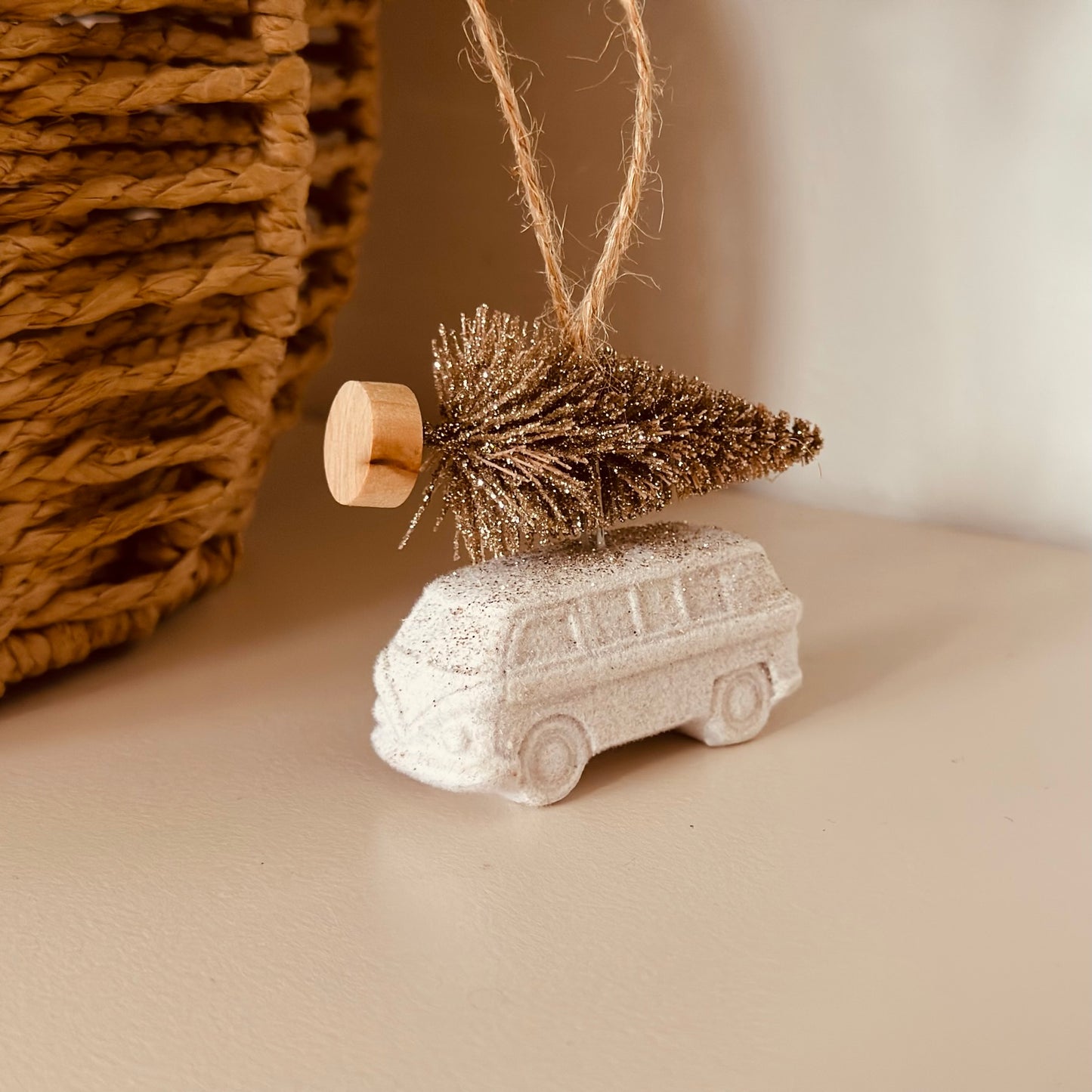 White Camper with Christmas Tree Bauble | Boho Beth