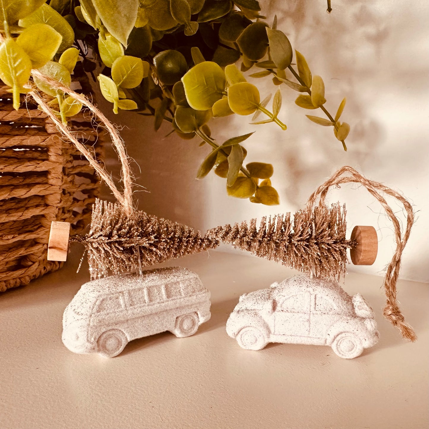 White VW Beetle Camper Gold Christmas Tree Bauble